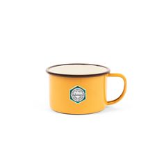 a yellow and brown coffee mug with a black rim on the inside, sitting against a white background