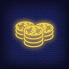 glowing neon sign with stacks of coins on brick wall background