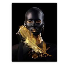 an african woman with gold feathers on her neck and face, against a black background