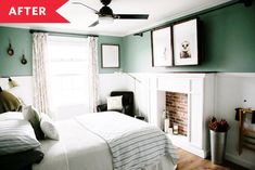 a bedroom with green walls and pictures on the wall, along with a white bed in front of a fireplace