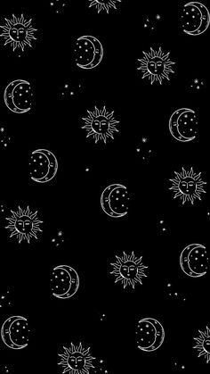 the sun, moon and stars are drawn in white ink on black paper by hand