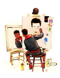 a drawing of a man sitting in front of a mirror with his reflection on it