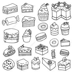 a bunch of different types of cakes and pastries on a white background stock illustration