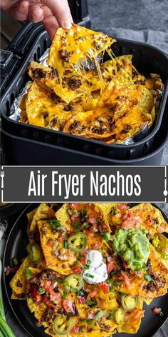 an air fryer nachos recipe is shown in two different pictures with the title above it