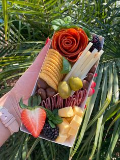 a person holding up a box filled with fruit and crackers on top of palm trees