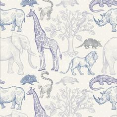 a blue and white wallpaper with various types of animals