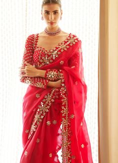 Regal Red Satin Organza Mirrorwork Saree With Full Sleeved Blouse Vvani by Vani Vats - Fabilicious Fashion Red Fancy Saree Blouse Designs, Red Blouse Full Sleeves, Bridal Full Sleeve Blouse, Full Hands Blouses For Sarees, Red Organza Saree Look, Red Blouse Design Full Sleeve, Red Saree Full Sleeve Blouse, Saree Blouse Designs Latest Full Sleeve, Red Saree For Puja