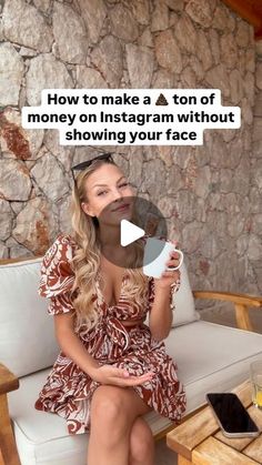 a woman sitting on a couch holding a mirror in front of her face with the caption how to make a ton of money on instagram without showing your face