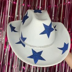 Blue Glitter Star Cowboy Hat! In Perfect Condition And Never Worn. One Size Fits Most! Star Cowgirl Hat, Cowboy Hats Custom, Aesthwtic Cowgirl Hay, Painted Cowboy Hats Tik Tok, Royal Blue Concert Outfit, Homecoming Cowboy Hats, Taylor Swift Cowboy Hat Diy, Red White And Blue Cowboy Hat, White Cowboy Hat Decorated