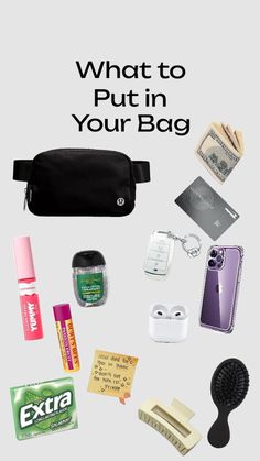 Credit if you wanna reshare 🤍 Thing to put in your bag [not only belt bags]💐 Things To Keep In School Bag, What To Keep In Your Belt Bag, What To Keep In Your Purse, What To Put In Your Purse, Lulu Lemon Belt Bag, Middle School Essentials, Airport Travel Outfits