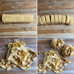 four pictures showing how to make pasta on a cutting board with dough and rolled up noodles