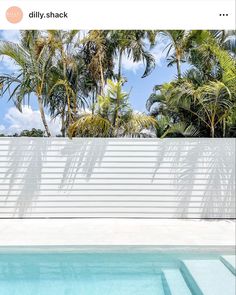 an empty swimming pool surrounded by palm trees