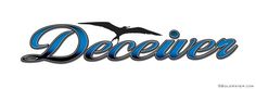 the word deceiver written in blue and black with a seagull flying above it