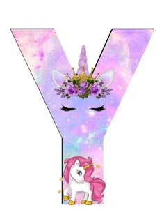 the letter y is decorated with an image of a unicorn's head and flowers