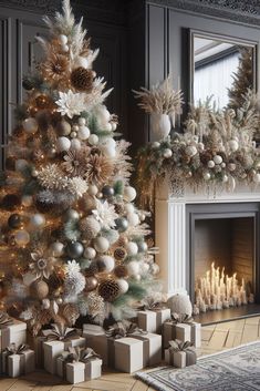 a decorated christmas tree in front of a fireplace