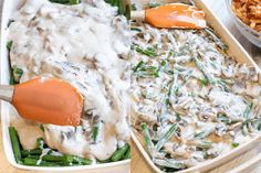 a casserole dish with green beans, mushrooms and gravy on it