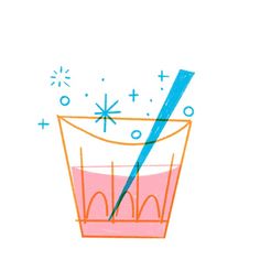 a drawing of a glass filled with liquid and a blue straw sticking out of it