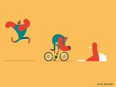 three people are riding bicycles and one person is lying on the ground with their feet in the air