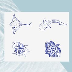 four stickers with different types of sea animals and words that say save the seas