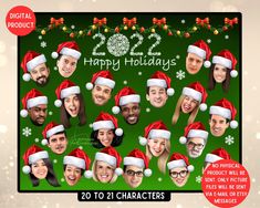 a group of people wearing santa hats and christmas decorations on a green background with the words happy holidays