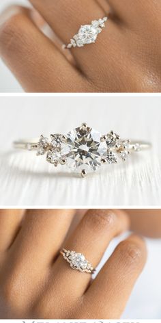 three different views of an engagement ring with diamonds on the side and in the middle