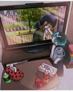 an anime character is watching tv in the living room with other things on the table