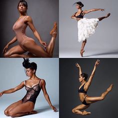 four different photos of women in leotards and bodysuits posing for pictures