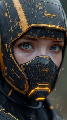 a close up of a person wearing a black and gold helmet with yellow stripes on it