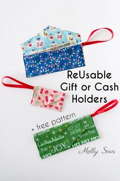 three reusable gift or cash holders with red ribbon on white background and text overlay that says reusable gift or cash holders