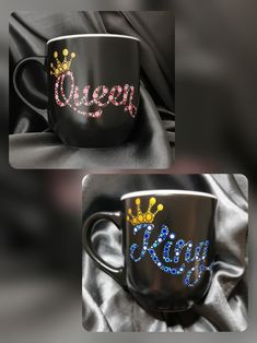 two coffee mugs with the word queen and king painted on them, sitting next to each other