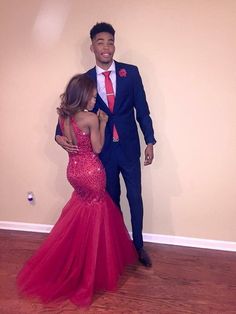 Beaded Dark Red Halter Mermaid Prom Dress with Keyhole Back Dress And Suit Couple, Prom Photo Poses, Prom Slay, Couple Prom, Prom 2k17, Prom Dresses Long Mermaid, Mermaid Prom Dress