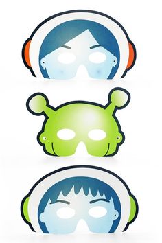 three masks with different designs on them, one is green and the other is blue