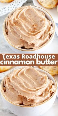 two bowls filled with cinnamon butter sitting on top of a table