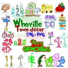 the words whovillee town decor svg and png are surrounded by cartoon characters