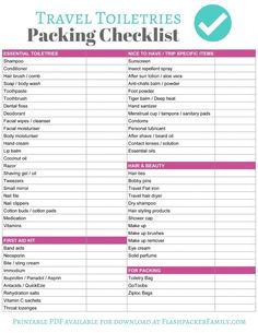 the packing checklist for travel and it's contents is shown in this printable