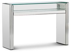 a glass and chrome console table with an open shelf on one side, in the shape of a rectangle