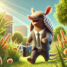 a cartoon rat in a suit and tie holding a briefcase while walking through the grass