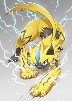 a yellow and black pokemon with lightning in the background