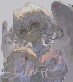 an anime character with blue eyes and angel wings