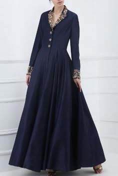 dress, cocktail dress, dress ideas #shaadiwish #indianweddings #cocktailparty #cocktailoutfits #bridaloutfit #cocktailoutfitideas #bluedesigneroutfit #floorlengthdress Front Open Anarkali, Indian Gown Design, Front Open Gown, Samant Chauhan, Cocktail Gowns, Embellished Gown