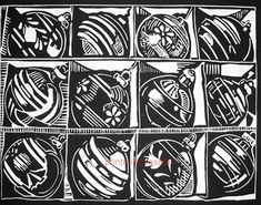 a black and white drawing with many different designs on it's sides, all in squares