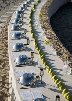 a long table is set up with silver plates and silver utensils