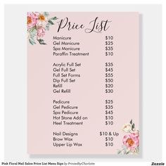 Pink Floral Nail Salon Price List Menu Sign | Zazzle Pink Price List Background, Nail Price List Ideas, Price List Design Salon, Nail Pricing, Nail Profile, Price List Design Ideas, Price List Nails, Nail Price List