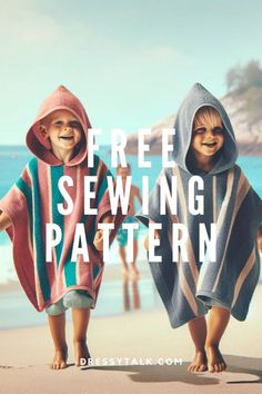 two children in towels on the beach with text overlay that reads free sewing pattern