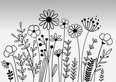 black and white drawing of flowers on a gray background