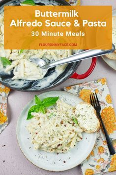 buttermik alfredo sauce and pasta on a plate with a fork next to it