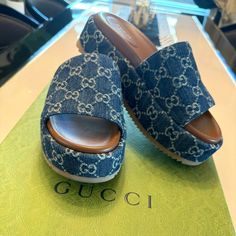 Authentic Gucci Angelina Platform Slide Sandals Denim Gg Delave Blue Tea Size : Eu 38.5 Us 8.5 Slide Sandal Silhouette Denim Gg Delave Blue Tea Color Open Round Toe Leather Lining Fabric Insole Chunky Platform Rubber Outsole Only Worn Ones. Perfect Condition. Comes With The Box And Dust Bags Gucci Slides Outfit, Platform Slide Sandals, Gucci Slides, Blue Tea, Platform Slides, Summer 24, Chunky Platform, Gucci Shoes, Lining Fabric