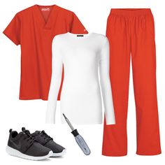 an orange and white outfit with black sneakers