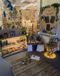 a room filled with lots of decorations and lights on the walls, including bookshelves