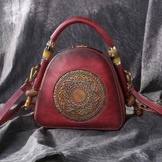 WickedAF RED BEAN PASTE Mandala Embossed Leather U-Handbag Lv Bags, Genuine Leather Handbag, Genuine Leather Bags, Shoulder Messenger Bag, Mode Vintage